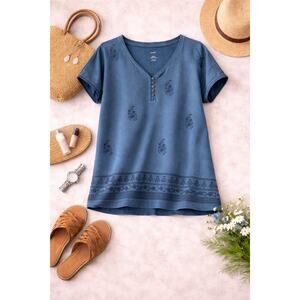 J Jill Pure Jill Embroidered Tee Womens M Blue V Neck Button Boho Cotton Top